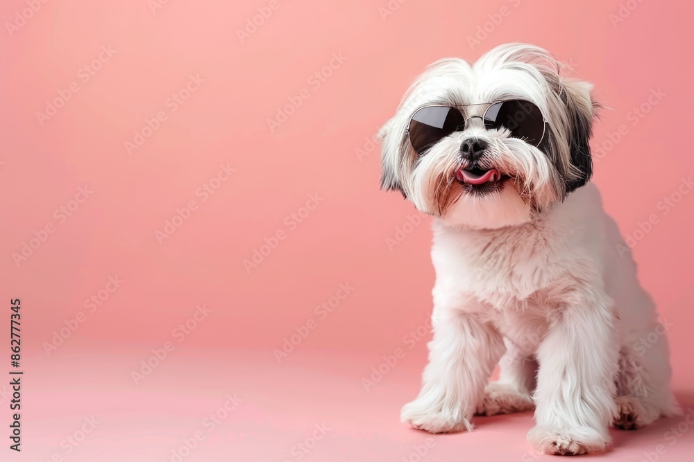 Cute puppy with sporty sunglasses, sitting on a light orange background, with a friendly smile and detailed fur Cute puppy with sporty sunglasses, sitting on a light orange background, with a friendly smile and detailed fur