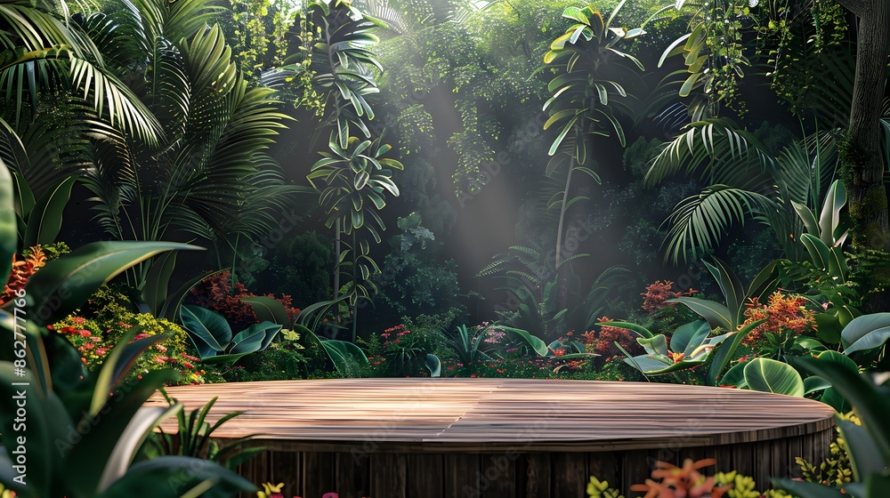 wood podium with tropical leaves background wood podium with tropical leaves background