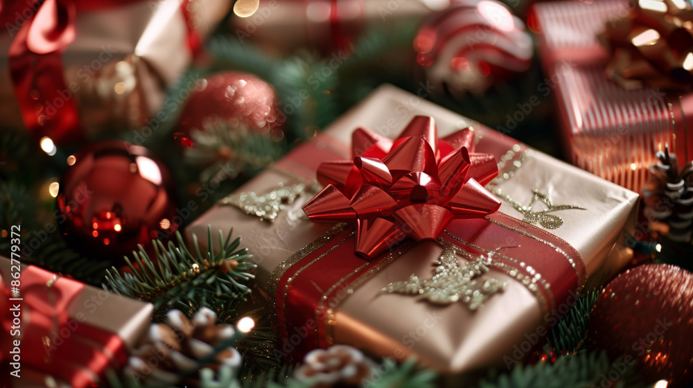 A bunch of presents are on a table with a red bow on one of them. The presents are wrapped in gold paper and are surrounded by pine needles. Scene is festive and joyful. AI generated A bunch of presents are on a table with a red bow on one of them. The presents are wrapped in gold paper and are surrounded by pine needles. Scene is festive and joyful. AI generated