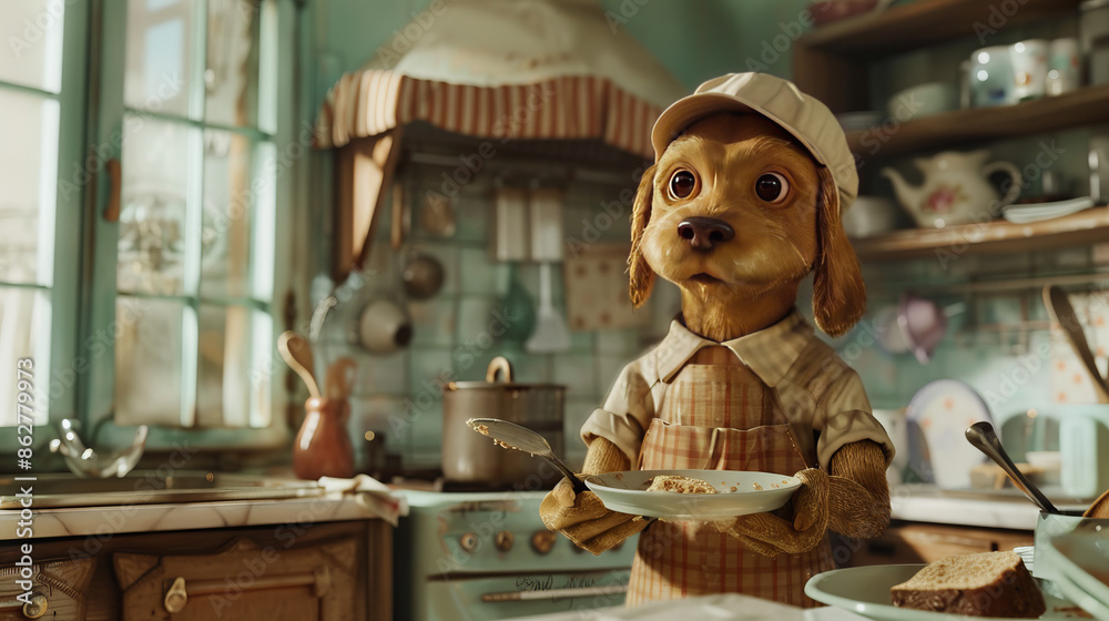 illustrations of a cartoon dog who cooks in the kitchen in an apron and a hat
illustrations of a cartoon dog who cooks in the kitchen in an apron and a hat