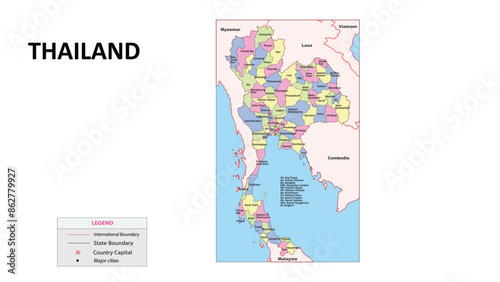 Thailand Map. State and union territories of Thailand with neighbouring countries. Political map of Thailand with capital and important cities in Detailed.