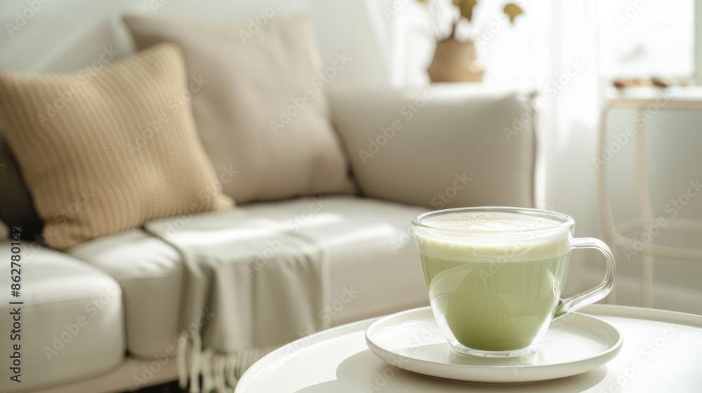 A mug of matcha tea on a small table near a couch in a cozy room. A mug of matcha tea on a small table near a couch in a cozy room.