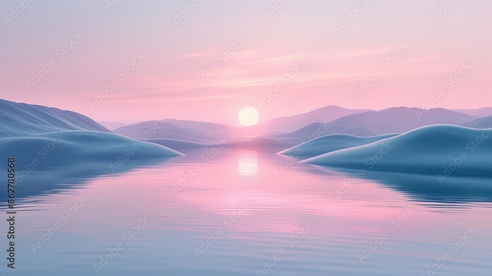 A soothing pastel landscape with rolling hills and a calm river A soothing pastel landscape with rolling hills and a calm river