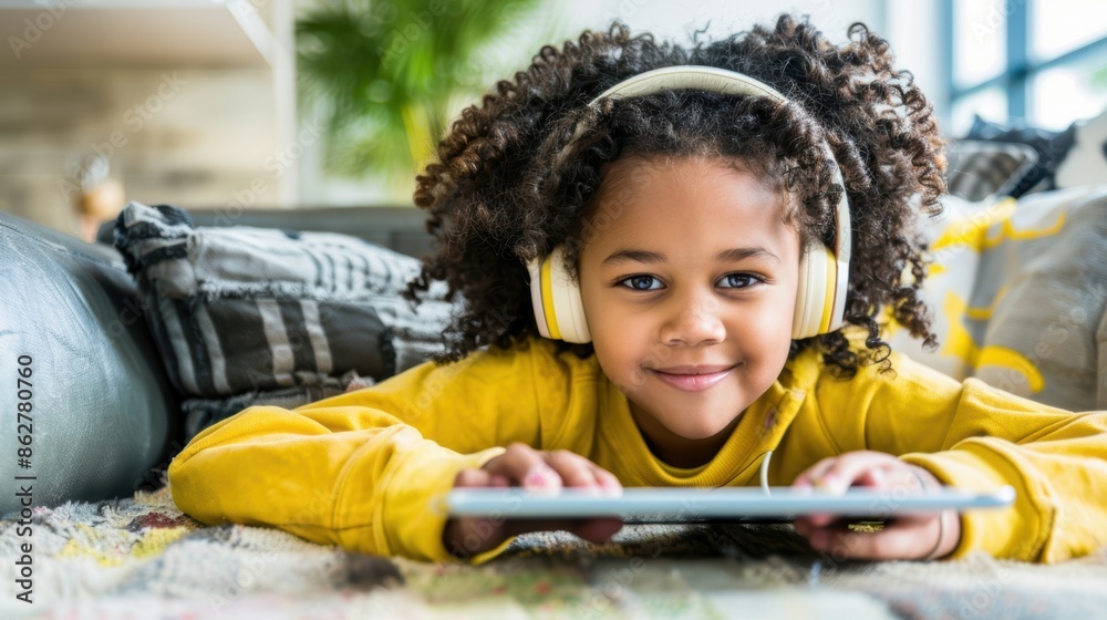A young girl with curly hair, wearing yellow headphones and a matching sweatshirt, smiles while lying on a cozy carpet and using a tablet. A young girl with curly hair, wearing yellow headphones and a matching sweatshirt, smiles while lying on a cozy carpet and using a tablet.