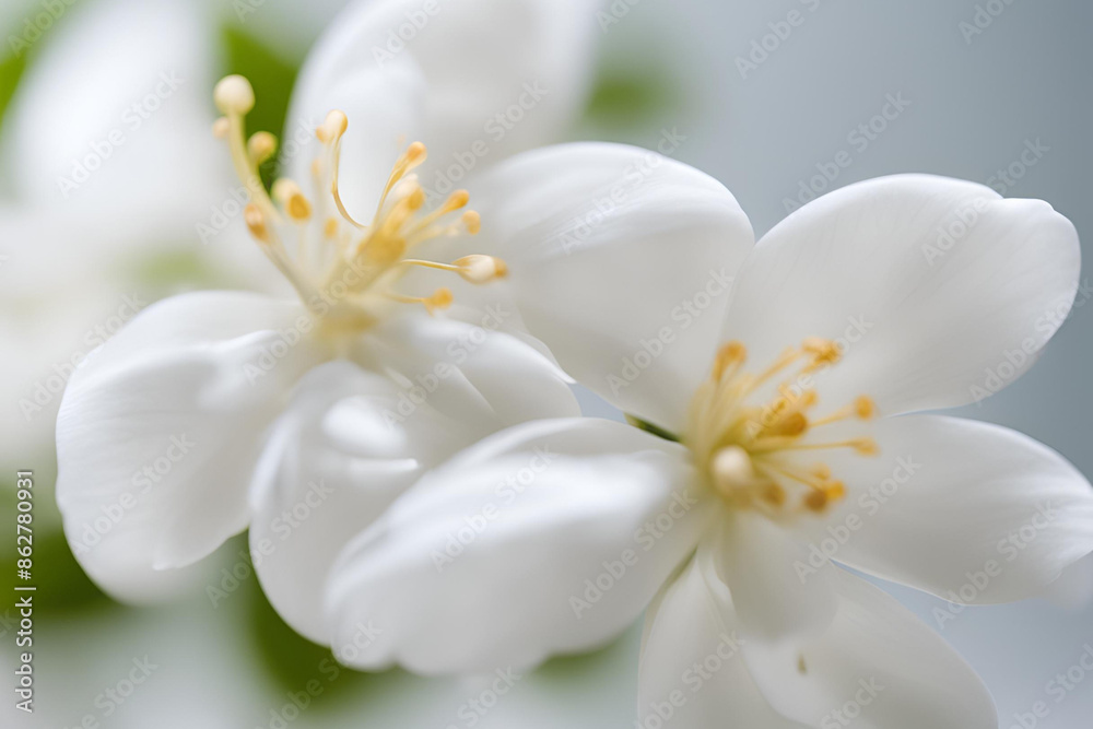 Close-Up of a Delicate White Flower Jasmine, Close-up of a delicate Jasmine with soft petals and yellow stamens on a light green background Close-Up of a Delicate White Flower Jasmine, Close-up of a delicate Jasmine with soft petals and yellow stamens on a light green background