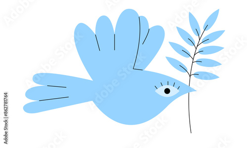 Symbol of a dove with an olive branch. Symbol of peace. Blue and white design