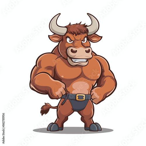 Bull full body design mascot farm animal, strong angry horned bull concept, butcher shop graphic template, vector isolated on white background