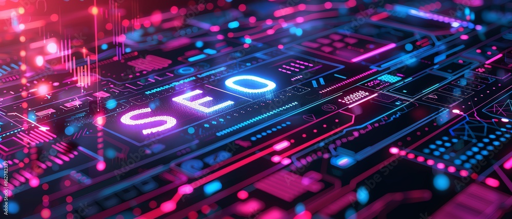 Fototapeta premium SEO audit tools displayed on futuristic interface, neon hues, digital illustration