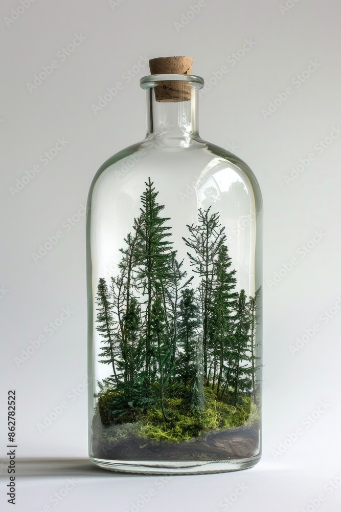 A clear, empty bottle with a tiny forest growing inside. A clear, empty bottle with a tiny forest growing inside.