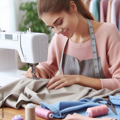  Seamstress sewing a hem on a garment, photo va