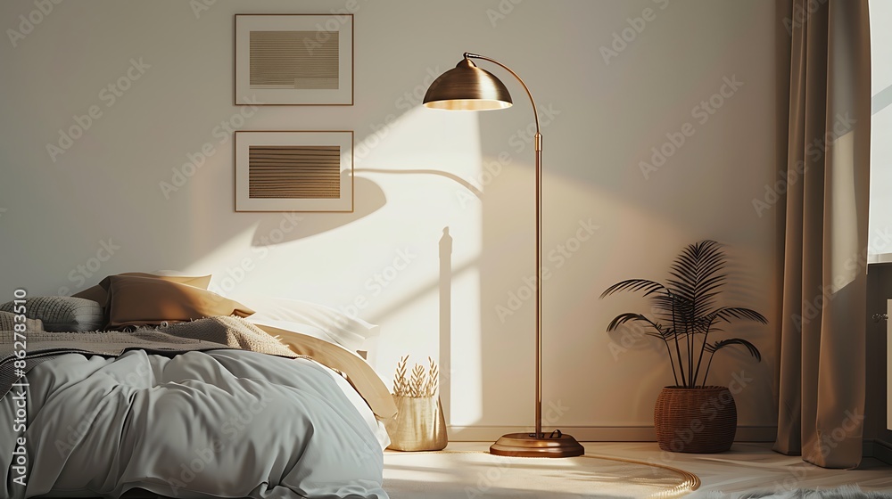 Fototapeta premium Elegant bronze floor lamp in a minimalist bedroom, stylish decor, contemporary design, chic interior, modern elements, cozy home, warm lighting, sophisticated ambiance.