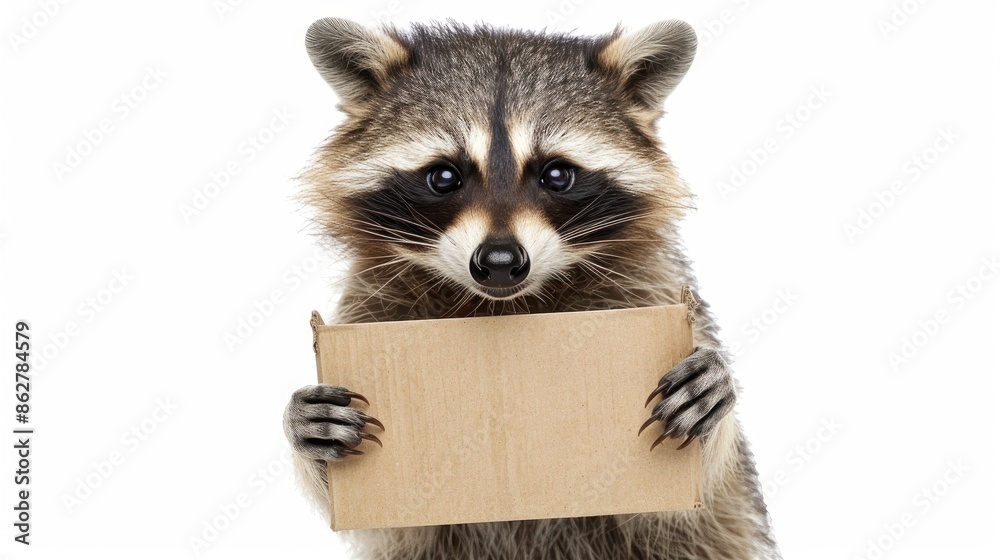 Obraz premium Comical raccoon holding cardboard on white backdrop
