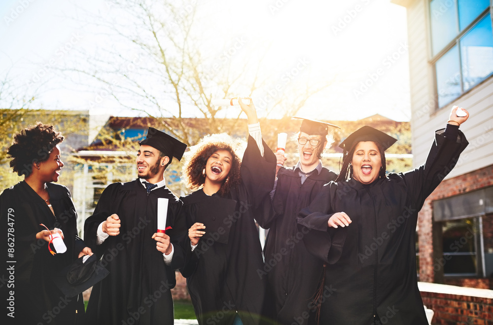 Obraz premium Graduation, portrait and excited students with diploma at university for education, opportunity or achievement. College, celebration and happy people at campus with knowledge, smile and certificate
