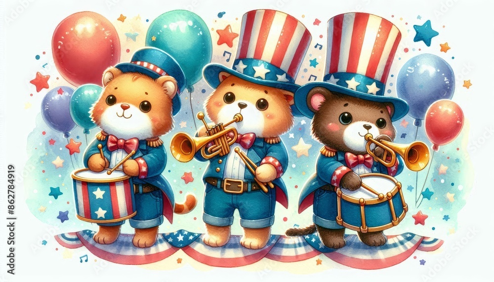 Three Patriotic Bears Playing Music for the 4th of July - Three cartoon bears in red, white, and blue uniforms play music with drums and a trumpet in front of a backdrop of balloons and stars. Three Patriotic Bears Playing Music for the 4th of July - Three cartoon bears in red, white, and blue uniforms play music with drums and a trumpet in front of a backdrop of balloons and stars.