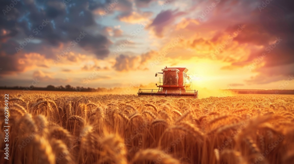 Fototapeta premium A wheat field being harvested by a green combine harvester, demonstrating modern farming techniques. 
