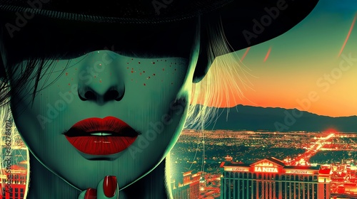 abstract illustration of a mysterious woman in a hat with red lips, jade eyes, white eyelashes. The city of Las Vegas can be seen in the distance photo