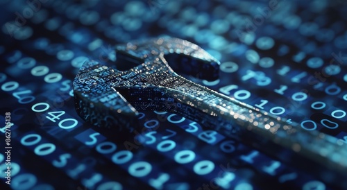 Digital Wrench Symbol on Binary Code Background