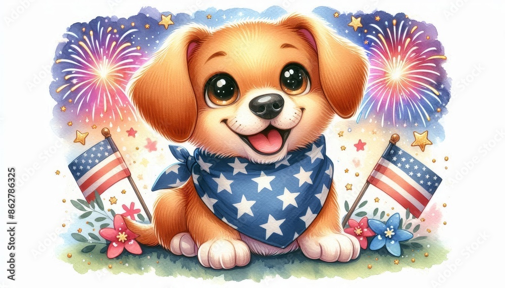 Obraz premium Happy 4th of July Pup - A cute, cartoon dog wearing a stars and stripes bandana smiles as fireworks explode behind him.