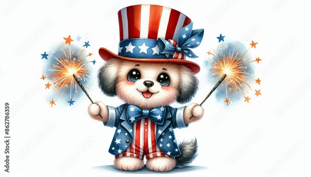 Patriotic Pup Celebrates Independence Day - A cartoon dog dressed in red, white, and blue holds sparklers and smiles. Patriotic Pup Celebrates Independence Day - A cartoon dog dressed in red, white, and blue holds sparklers and smiles.