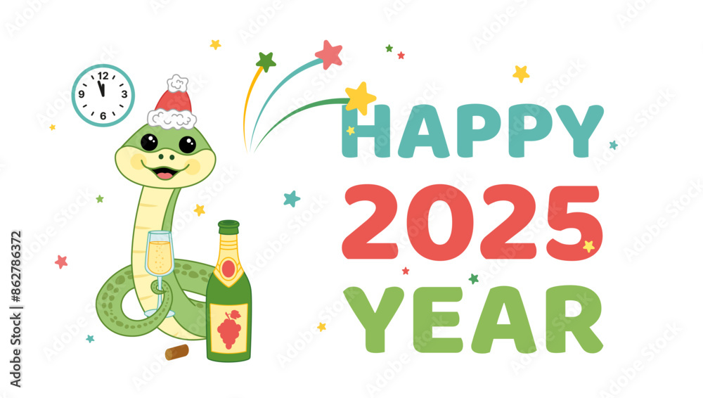 Greeting card Happy new 2025 year. Snake with champagne in new year eve. Cartoon, vector Greeting card Happy new 2025 year. Snake with champagne in new year eve. Cartoon, vector