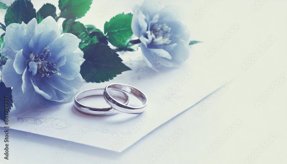 Wedding rings, bridal jewelry on card with flowers, romantic concept Wedding rings, bridal jewelry on card with flowers, romantic concept