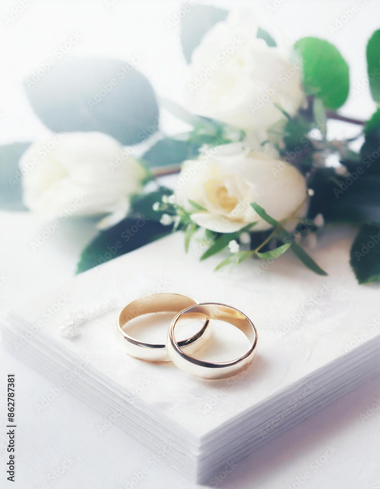 Wedding rings, bridal jewelry on card with flowers, romantic concept Wedding rings, bridal jewelry on card with flowers, romantic concept
