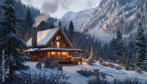 A cozy mountain cabin hides in a snowy forest with a grand mountain in the background, creating a picturesque scenery AIG59 © Summit Art Creations