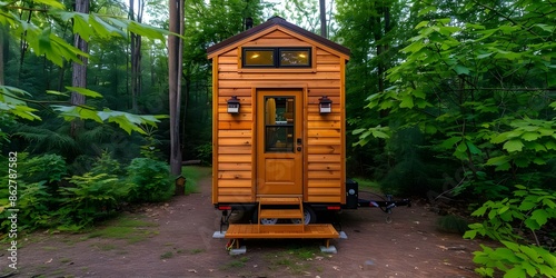 Secluded Forest Retreat Compact Tiny House on Wheels with Foldout Sections. Concept Compact Living, Tiny House Design, Sustainable Living, Forest Retreat, Mobile Home photo