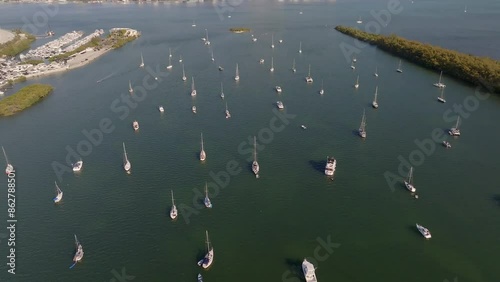 Aerial view of Miami skyline with boats and sailboats in Biscayne Bay, Florida, United States.