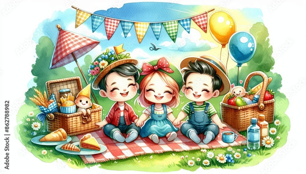 Fototapeta premium Cheerful Picnic in the Park with Three Friends - Three friends are enjoying a picnic in the park, surrounded by a colorful checkered blanket, picnic baskets, and balloons. The illustration uses bright