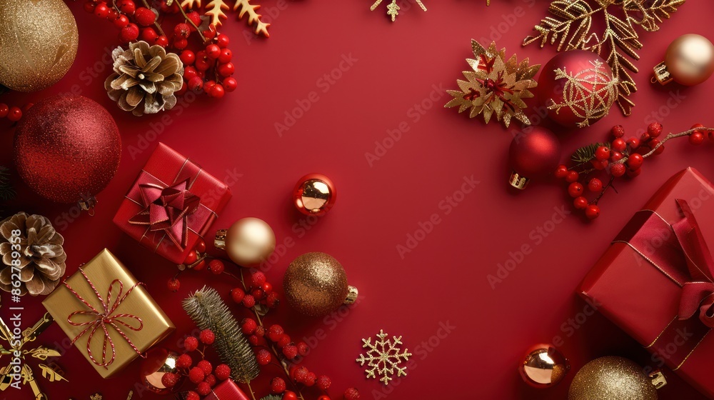 Red and Gold Christmas Decorations on a Red Background Red and Gold Christmas Decorations on a Red Background