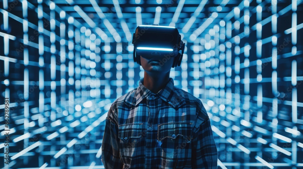 A VR glasses in a colorful, grid-based virtual environment, representing the metaverse.
