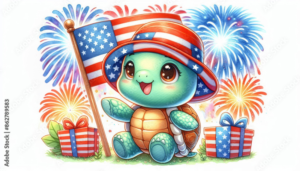 Patriotic Turtle Celebrating Independence Day - A cute cartoon turtle wearing a red, white, and blue hat and holding an American flag stands in front of fireworks and gifts. Patriotic Turtle Celebrating Independence Day - A cute cartoon turtle wearing a red, white, and blue hat and holding an American flag stands in front of fireworks and gifts.