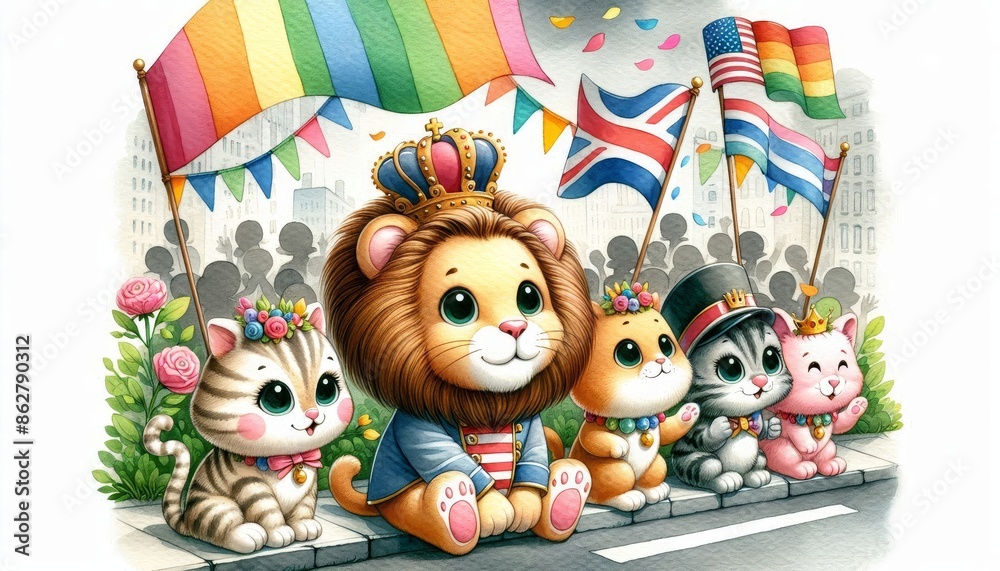 Obraz premium A Parade of Adorable Animals in a Watercolor Illustration - A lion, a tabby cat, a ginger cat, a tuxedo cat, and a pink cat wear crowns and celebrate a parade in a heartwarming watercolor illustration
