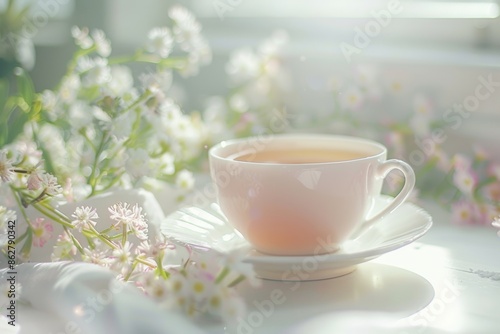 A luxurious porcelain crockery tea cup, perfect for traditional English tea and breakfast, served outdoors against a sunny morning landscape backdrop with blooming flowers.