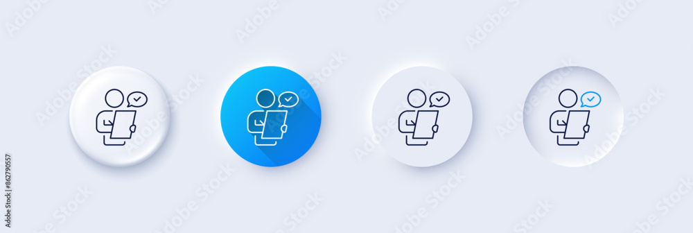 Customer survey line icon. Neumorphic, Blue gradient, 3d pin buttons. Contract application sign. Agreement document symbol. Line icons. Neumorphic buttons with outline signs. Vector Customer survey line icon. Neumorphic, Blue gradient, 3d pin buttons. Contract application sign. Agreement document symbol. Line icons. Neumorphic buttons with outline signs. Vector