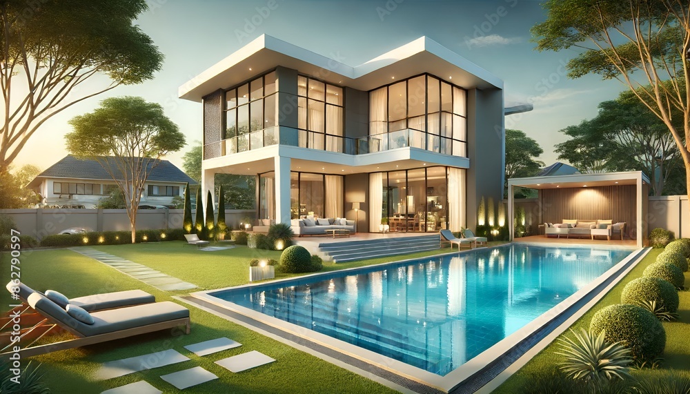 Fototapeta premium Luxury Modern Home with Backyard Swimming Pool