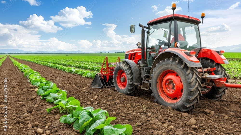 A red tractor with a cultivator attachment is working in a field, moving between rows of green crops A red tractor with a cultivator attachment is working in a field, moving between rows of green crops