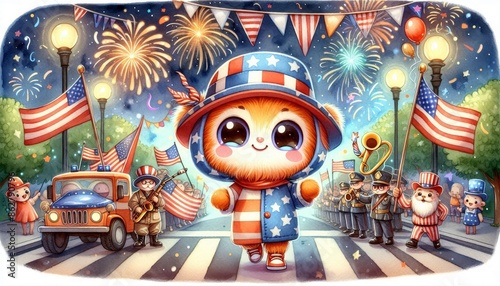 Patriotic Parade with a Cute Furry Character - A cute furry character dressed in a stars and stripes outfit leads a celebratory parade with a marching band, a fire truck, and others enjoying the firew photo