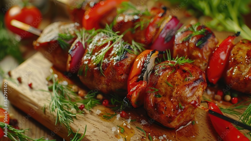 A tempting image of shashlik kebab with a bright and fresh atmosphere A tempting image of shashlik kebab with a bright and fresh atmosphere