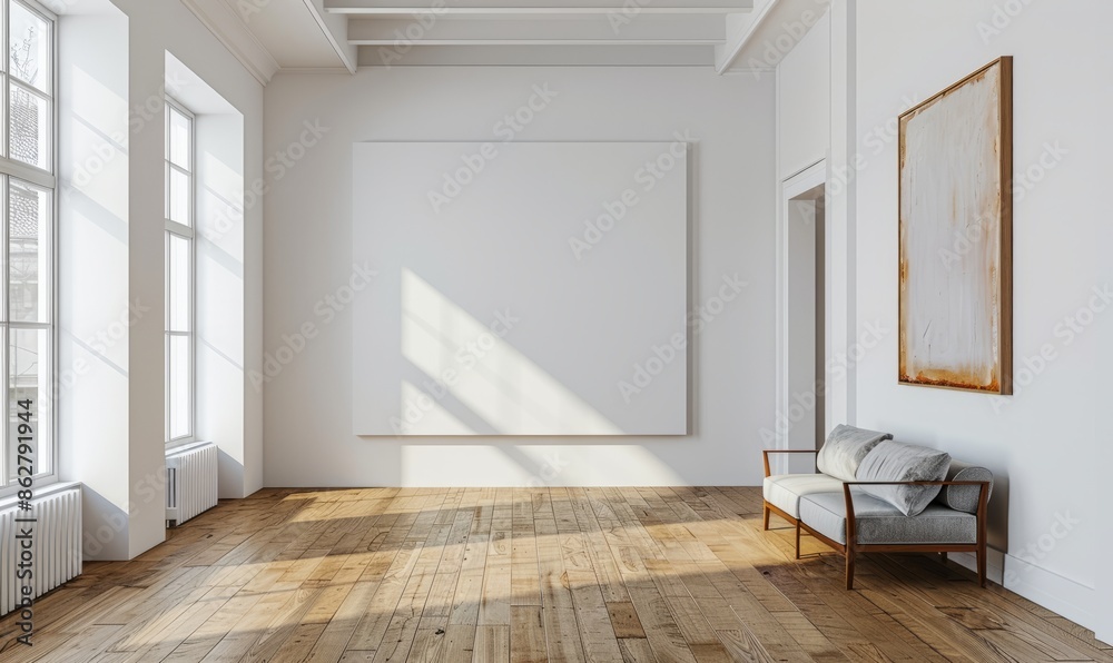Fototapeta premium Bright living room with a blank canvas on the wall