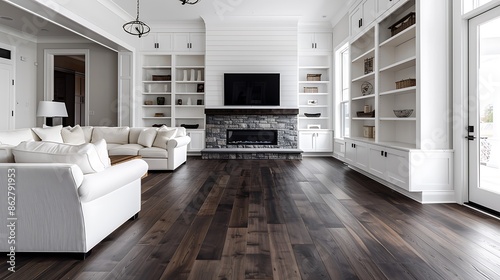 Elegant white farmhouse style living room in luxury home showcasing dark walnut hardwood floors, white shiplap, a sleek stone fireplace, and built-in bookcases with a large TV.