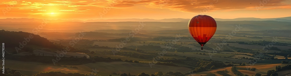 Obraz premium Stunning aerial view of a hot air balloon floating above a serene landscape, with a dramatic sky and golden sunlight enhancing the scene