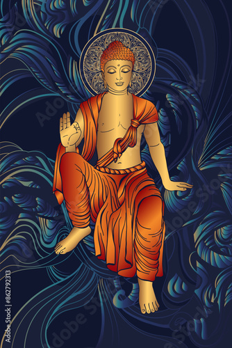 Shakyamuni Buddha Siddhartha Gautama sits in a relaxed position and gives his blessing. Buddha Purnima Day, Vesak Festival. Vector illustration