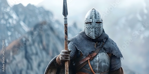 Viking warrior with horned helmet and spear in medieval setting against mountain backdrop. Concept Medieval Warrior, Viking Theme, Mountain Landscape, Historical Reenactment, Epic Photoshoot photo