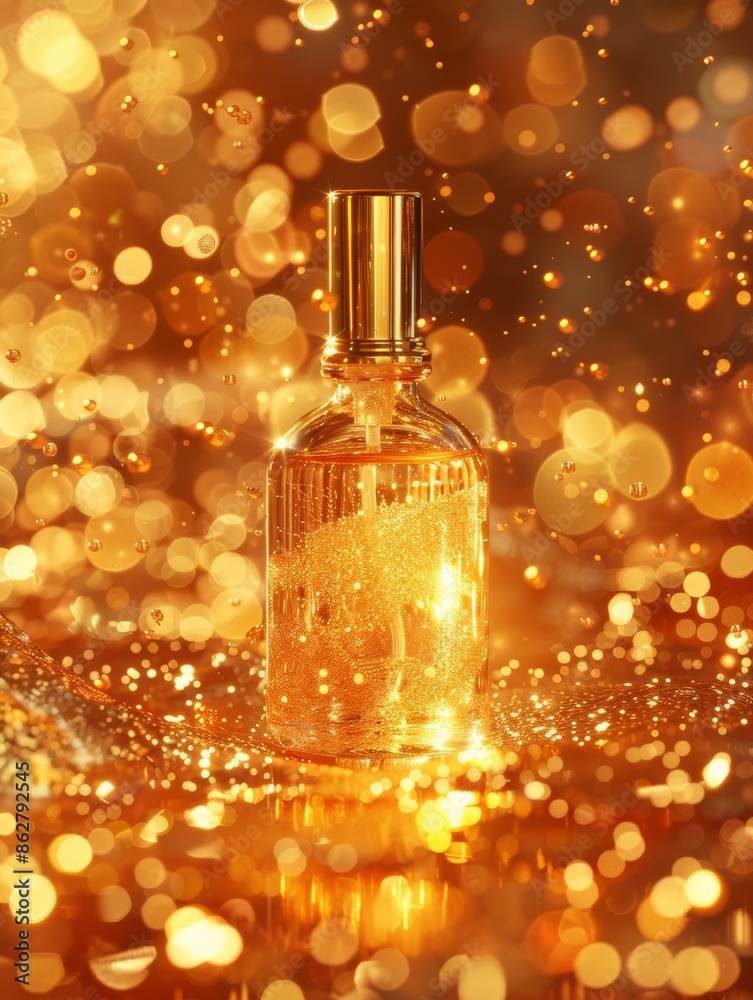 Captured from above, a bottle of golden serum floats amidst swirling golden particles, enveloped in an ethereal glow against a backdrop of sparkling diamonds. Captured from above, a bottle of golden serum floats amidst swirling golden particles, enveloped in an ethereal glow against a backdrop of sparkling diamonds.