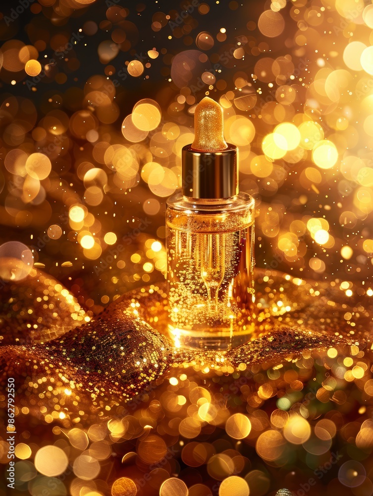 Captured from above, a bottle of golden serum floats amidst swirling golden particles, enveloped in an ethereal glow against a backdrop of sparkling diamonds. Captured from above, a bottle of golden serum floats amidst swirling golden particles, enveloped in an ethereal glow against a backdrop of sparkling diamonds.