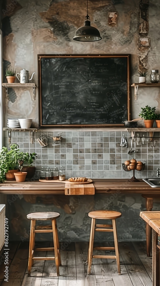Minimalist kitchen with a mockup chalkboard on the wall Minimalist kitchen with a mockup chalkboard on the wall