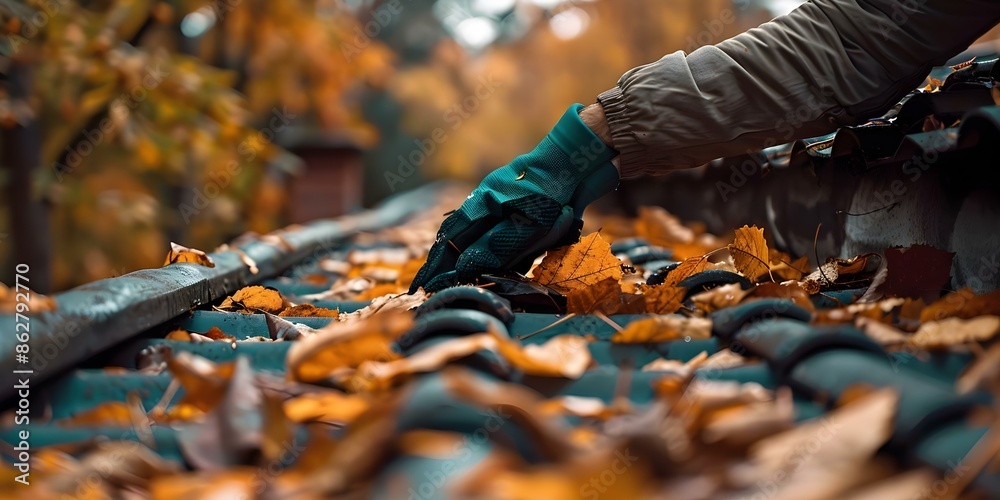 Cleaning the Roof of a House from Fallen Leaves Man's Hand in Green Glove. Concept Roof Cleaning, Fallen Leaves, Green Glove, House Maintenance, Outdoor Chores Cleaning the Roof of a House from Fallen Leaves Man's Hand in Green Glove. Concept Roof Cleaning, Fallen Leaves, Green Glove, House Maintenance, Outdoor Chores