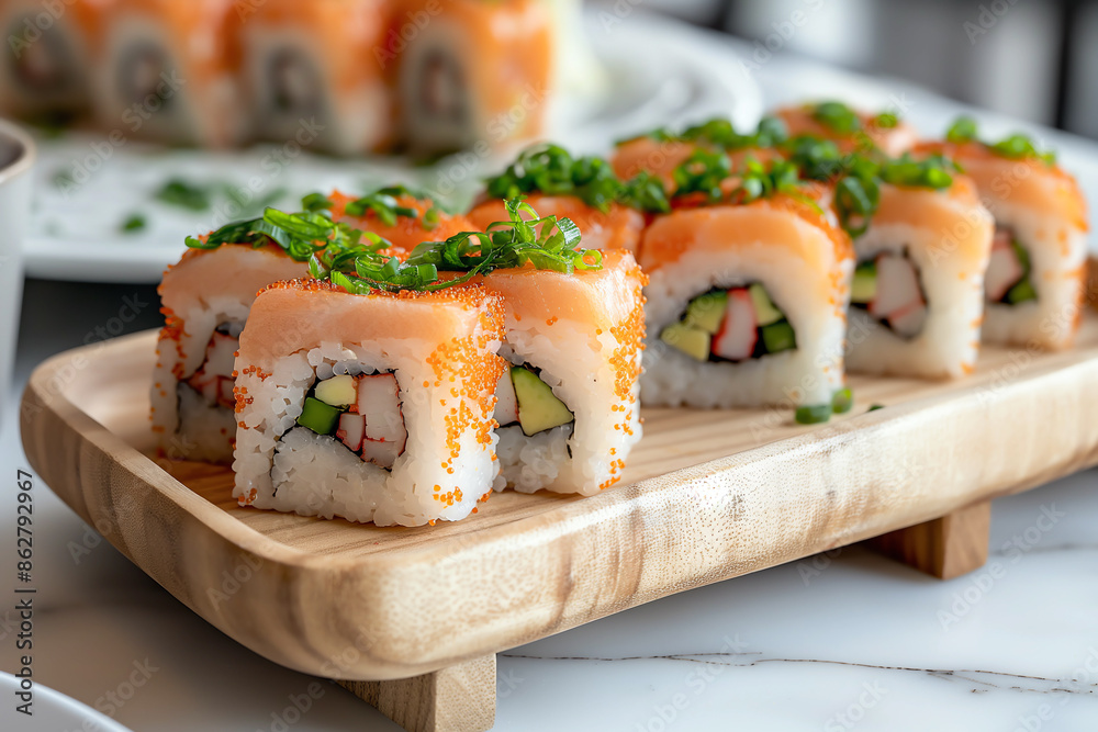 delicious and healthy japanese sushi rolls on an elegant wooden plate delicious and healthy japanese sushi rolls on an elegant wooden plate